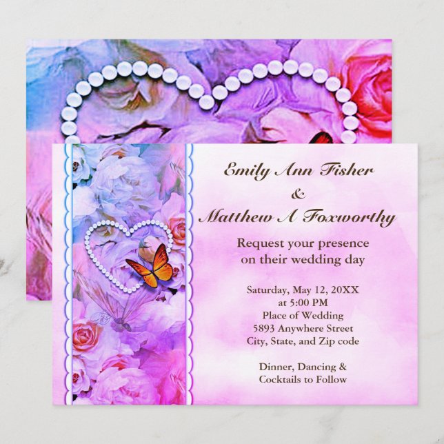 Invitation Perles de coeur Roses roses et papillons Mariage (Devant / Derrière)