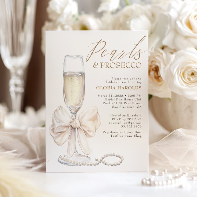 Invitation Perles de mâchoire blanc romantique et Fête des ma (Pearls and Prosecco Bridal Shower Invitation with Bow)