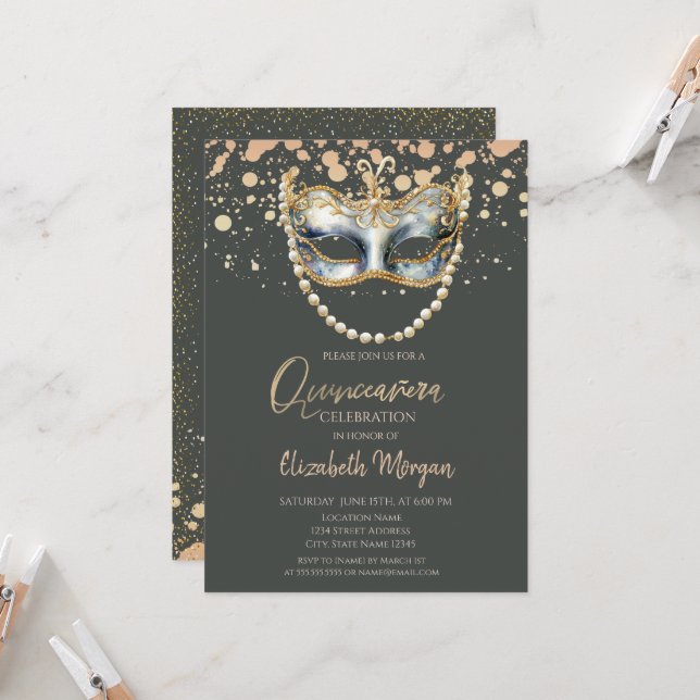 Invitation Perles de Masque, Confetti Masquerade Quinceañera (Devant/Arrière en situation)