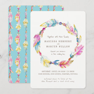 Invitation Perles de plumes Boho aquarelle mariage invite