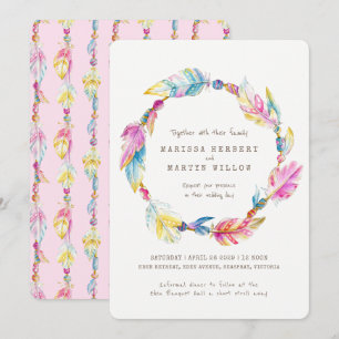 Invitation Perles de plumes Boho aquarelle rose mariage invit