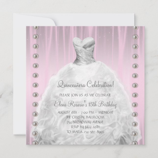 Invitation Perles de robe de fête Quinceanera rose (Devant)