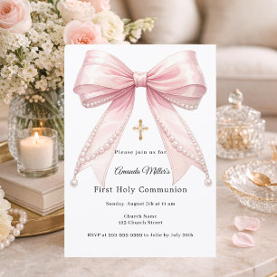 Invitation Perles de ruban rose fille élégante Première Commu