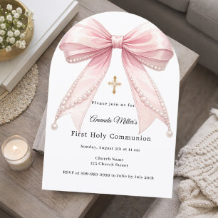 Invitation Perles de ruban rose fille élégante Première Commu