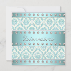 Invitation Perles d'ivoire Turquoise bleu blanc Damas Quincea