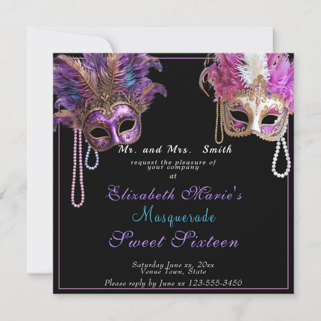 Invitation Perles d'or rose Sweet sixteen masqué (Devant)