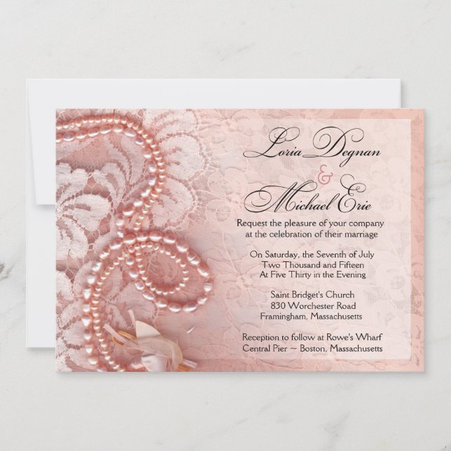 Invitation Perles et dentelle épousant le rose de pivoine de (Devant)