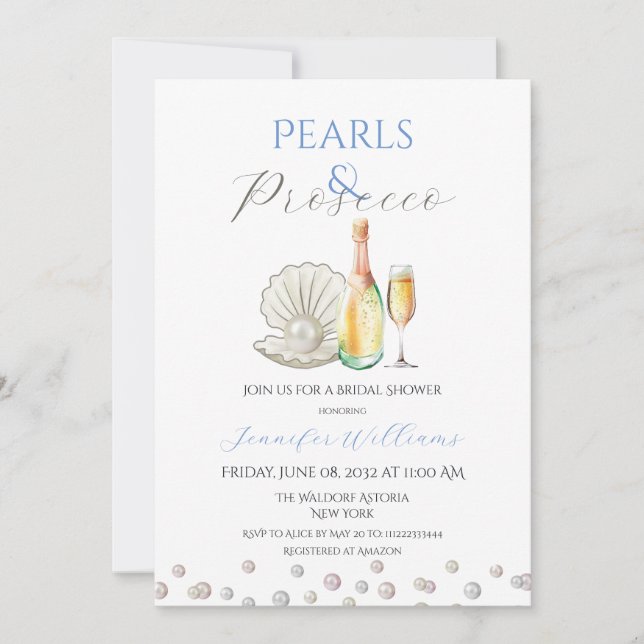 Invitation Perles et Fête des mariées bleue de Prosecco (Devant)