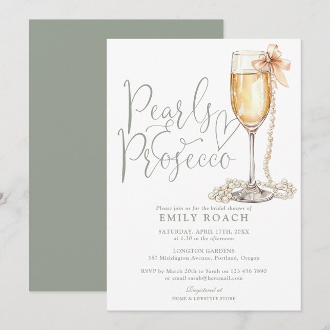 Invitation Perles Et Fête des mariées Verte De Prosecco Sage (Devant / Derrière)