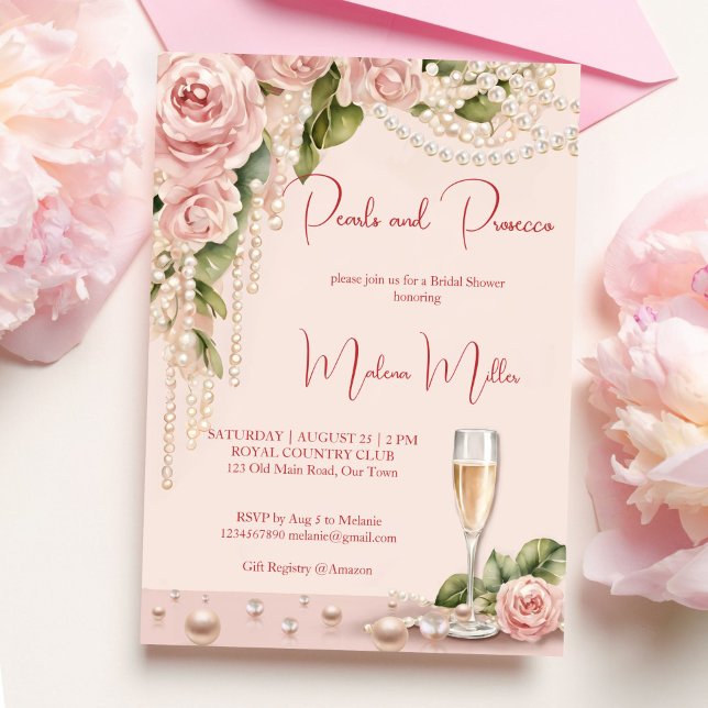 Invitation Perles et la douche de mariée de prospect élégant  (Pearls and prosecco bridal shower elegant invitation editable template instant download blush pink)