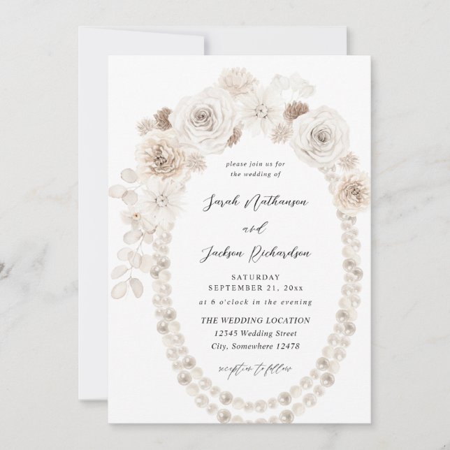 Invitation Perles et Mariage floral blanc (Devant)