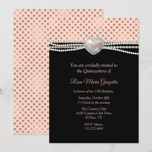 Invitation Perles et Pois Quinceañera  (Devant / Derrière)