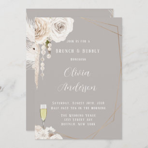 Invitation Perles florales blanches beige gris Brunch & Bubbl