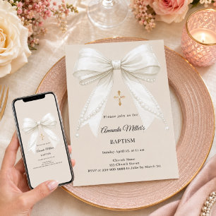 Invitation Perles Ivoire Beige Bow Fille Élégant Baptême
