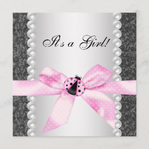 Invitation Perles Ladybug rose noir bébé fille douche