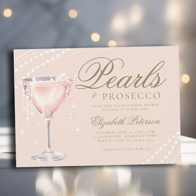 Invitation Perles Pourfendez Pink Bubbly Fête des mariées (pearls and prosecco bridal shower invitation pink bubbly peach gold calligraphy elegant modern class)