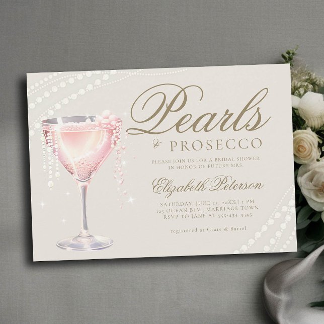Invitation Perles Prosecco Pink Bubbly Ecru Fête des mariées (pearls and prosecco bridal shower invitation pink bubbly ecru gold calligraphy elegant modern classy)
