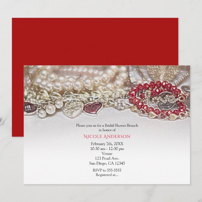 Invitation Perles & Red Valentine Love Jewals Fête des mariée (Devant / Derrière)