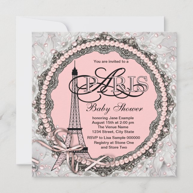 Invitation Perles roses Baby shower Paris rose (Devant)