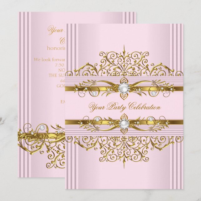 Invitation Perles roses Blanc Or Elégante fête d'anniversaire (Devant / Derrière)