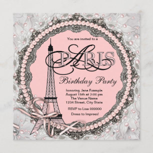 Invitation Perles Roses Paris Rose Douce Fête d'anniversaire 
