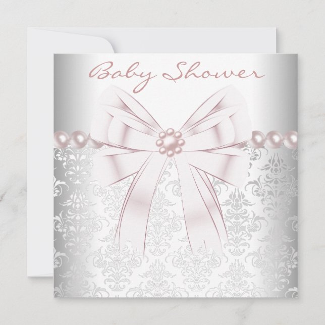 Invitation Perles roses Pink Damask Baby Girl Douche (Devant)