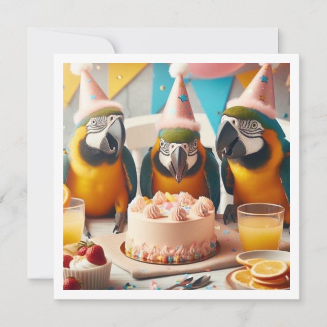 Invitation Perroquets mangeant gâteau d'anniversaire, anniver (Devant)