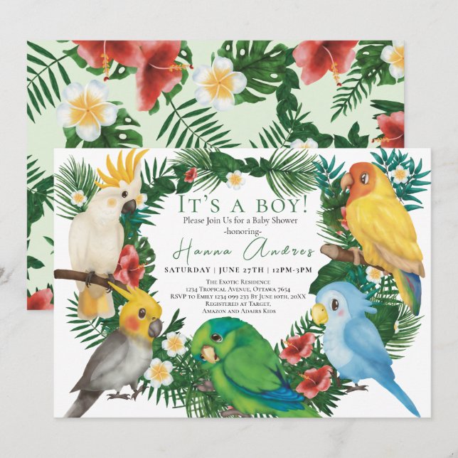 Invitation Perroquets tropicaux oiseaux exotiques Fête de nai (Devant / Derrière)