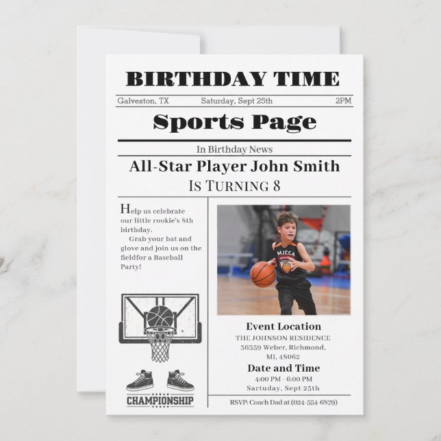 Invitation Personal Basketball Birthday with Photo (Devant)