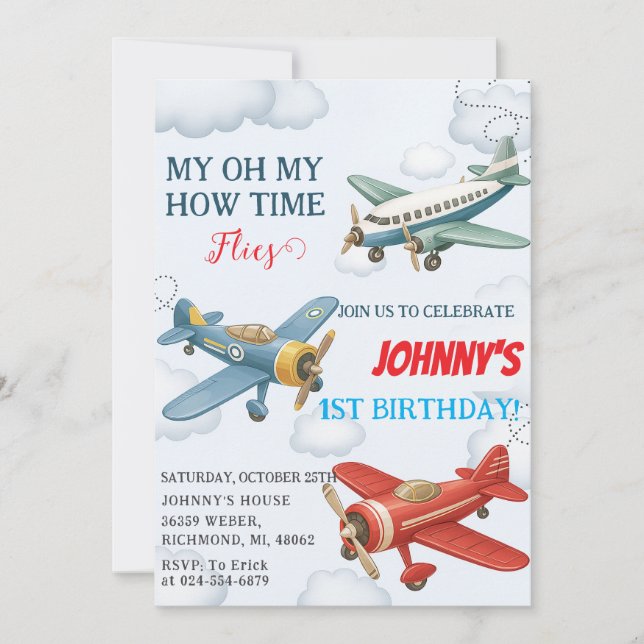 Invitation Personal Boy 1st Avion gosse Anniversaire (Devant)