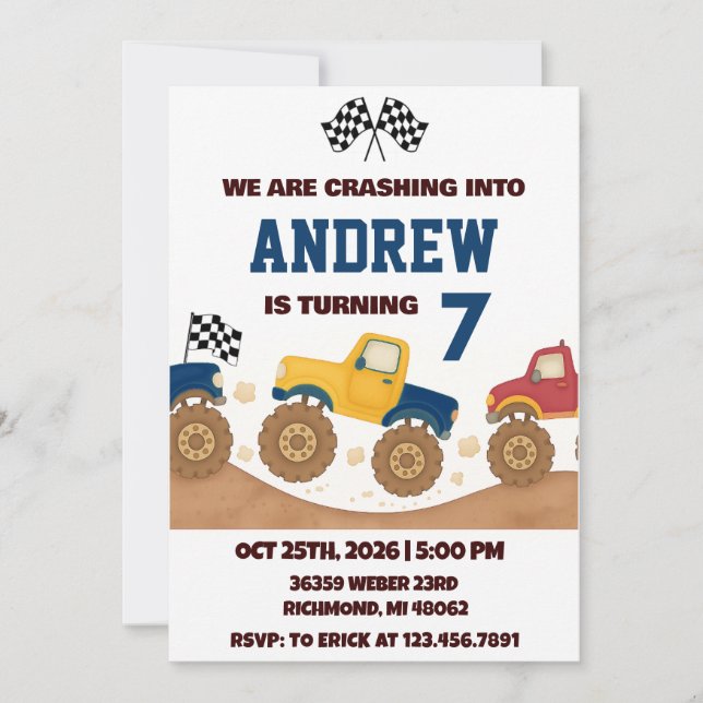 Invitation Personal Boy Monster Truck Birthday Party  (Devant)
