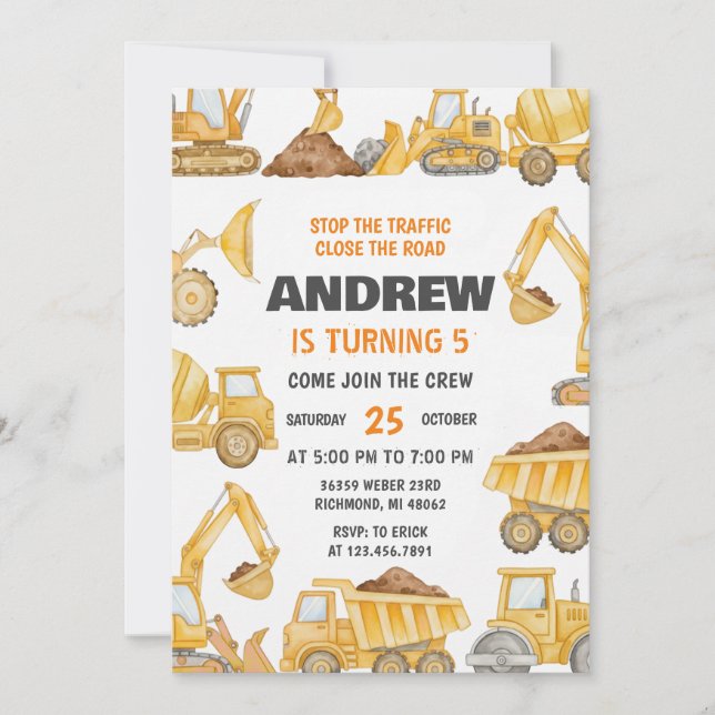 Invitation Personal Construction Boys Modern Birthday Party  (Devant)