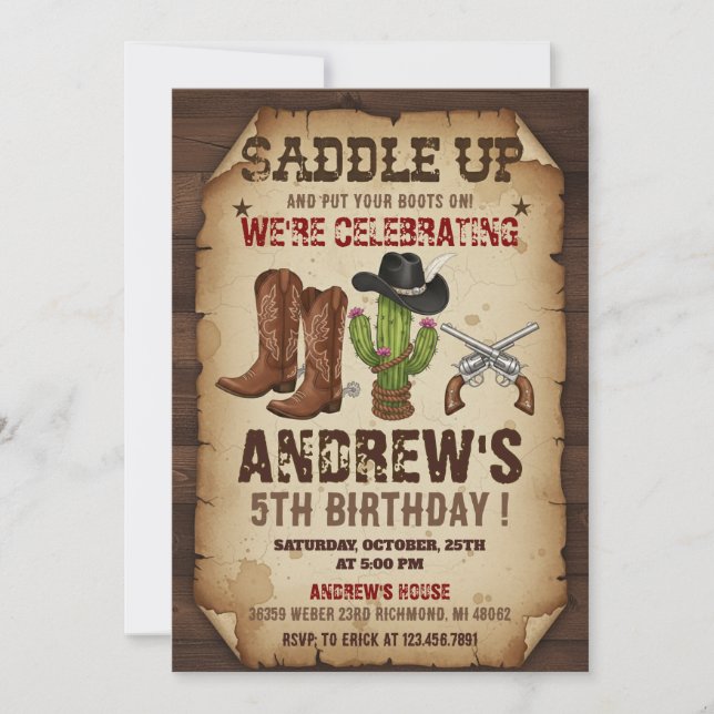 Invitation Personal Cowboy Wild Western Birthday Party (Devant)