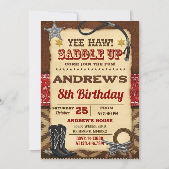 Invitation Personal Digital Country Wild West Cowboy Birthday (Devant)