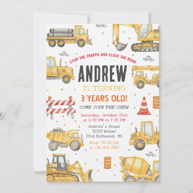 Invitation Personal Modern Birthday Party Construction  (Devant)