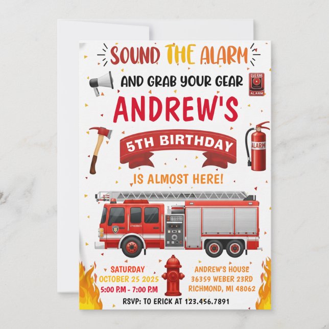 Invitation Personal Modern Firetruck Birthday  (Devant)