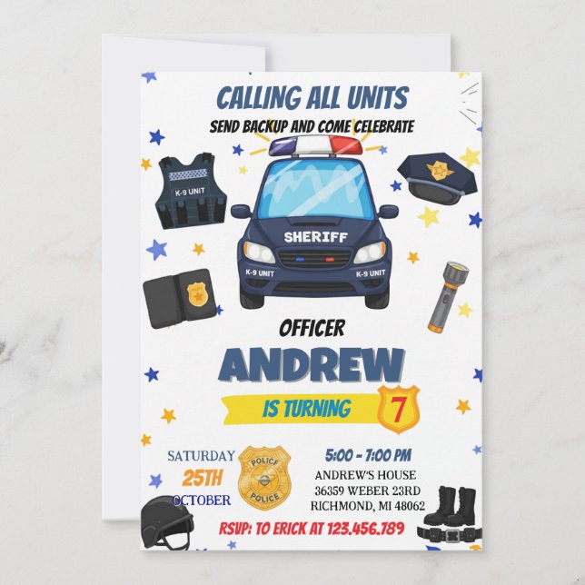 Invitation Personal Modern Kid Police officer Birthday Party (Devant)