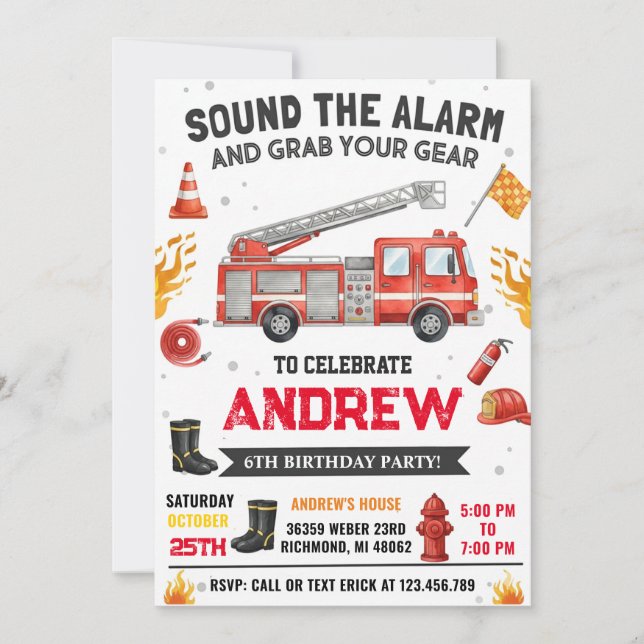 Invitation Personal Modern Kids' Fire truck Birthday Party  (Devant)