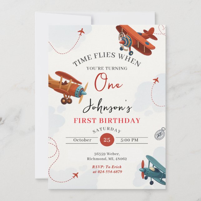 Invitation Personal Retro Avion première fête d'anniversaire (Devant)