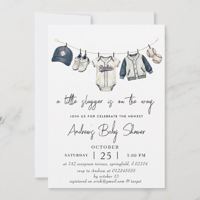Invitation Personal Simple Baseball Baby Shower watercolor (Devant)