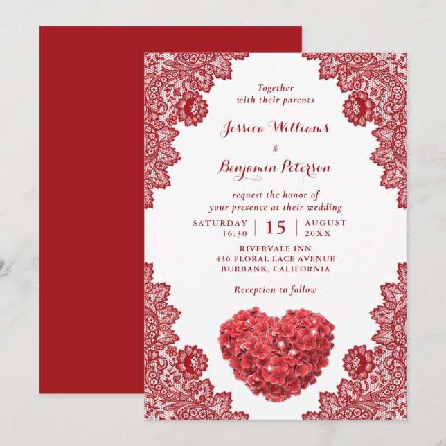 Invitation Personalisé Rustic Red Lace Mariage floral Invita (Devant / Derrière)