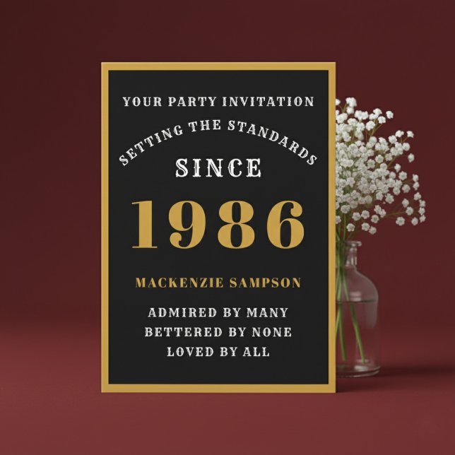 Invitation Personalized 40th Birthday 1986 Elegant Black Gold (1986 birthday invitation. Red background.)