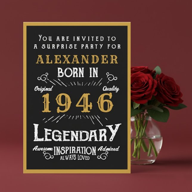 Invitation Personalized 80th Birthday 1946 Black Gold Legend (1946 birthday invitation. Red background.)