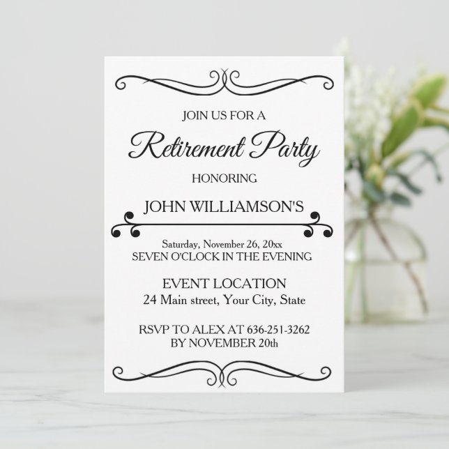 Invitation Personalized black elegant retirement party  (Debout devant)