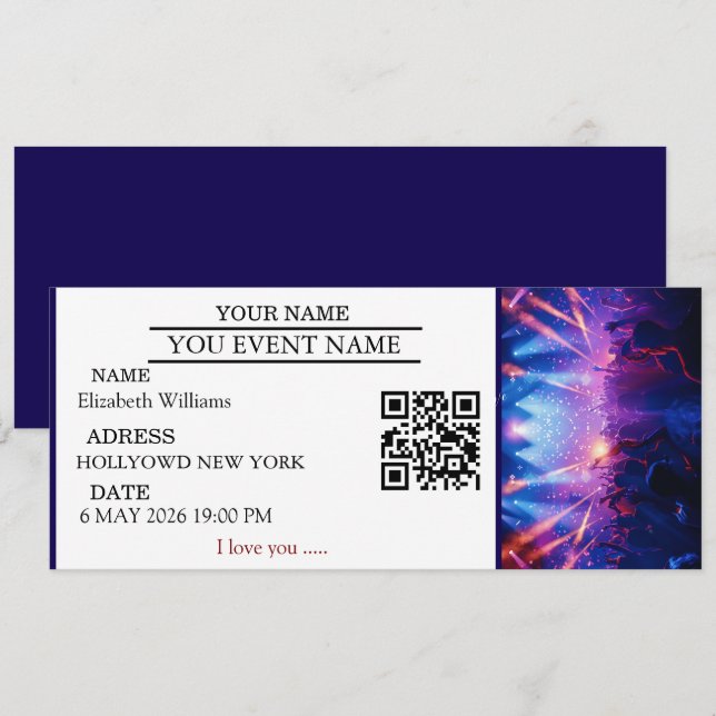 Invitation Personalized Concert Ticket Gift Surprise Gifts  (Devant / Derrière)