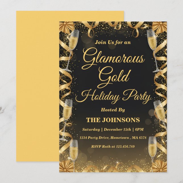 Invitation Personalized Elegant Gold Christmas Party (Devant / Derrière)