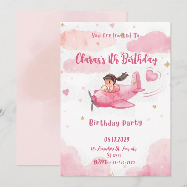 Invitation Personalized Pink Airplane Girl Birthday Invitatio (Devant / Derrière)