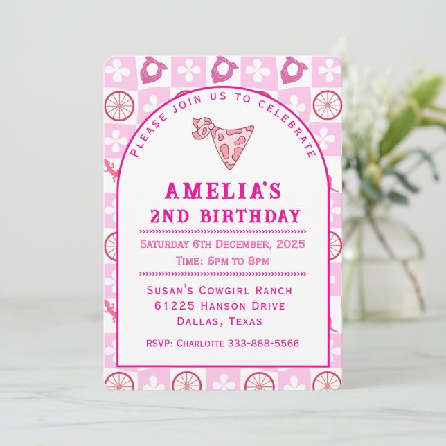Invitation Personalized Pink Cowgirl Birthday Party  (Debout devant)