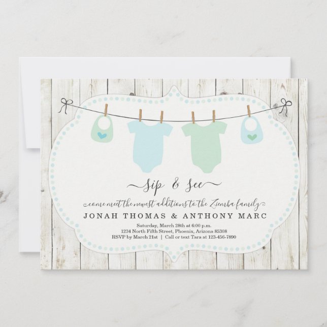 Invitation Personalized Twin Boys Sip and See Invite (Devant)