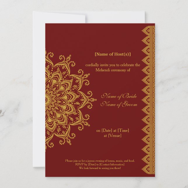 Invitation Personnalisable métal or foncé rouge Mehendi Indie (Devant)